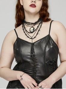 Black Exquisite Glass Beads With Skull Cross Pendant Gothic Style Multi Layered Overlapping Necklace