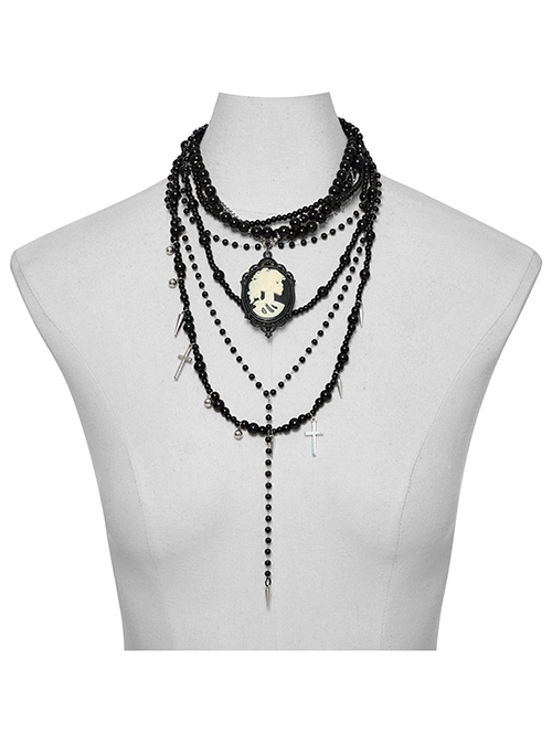 Black Exquisite Glass Beads With Skull Cross Pendant Gothic Style Multi Layered Overlapping Necklace