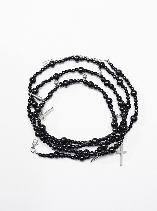 Black Exquisite Glass Beads With Skull Cross Pendant Gothic Style Multi Layered Overlapping Necklace