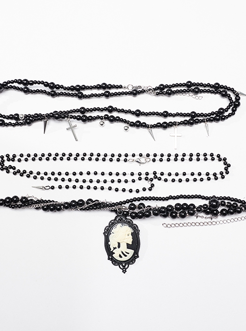 Black Exquisite Glass Beads With Skull Cross Pendant Gothic Style Multi Layered Overlapping Necklace