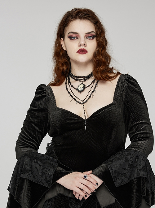Black Exquisite Glass Beads With Skull Cross Pendant Gothic Style Multi Layered Overlapping Necklace