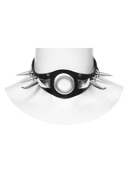 Exaggerated Black Artificial Leather Splicing Atmospheric Metal Rivet Punk Style Hollow Necklace