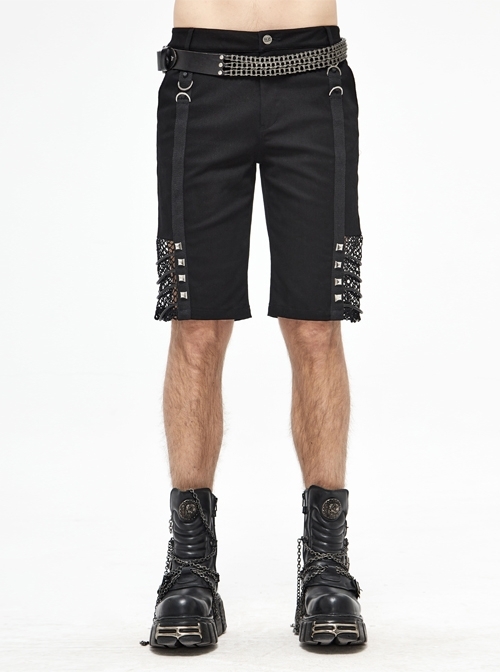 Black Twill Splice Mesh Lace-Up D-Shaped Buckle Rivet Punk Shorts
