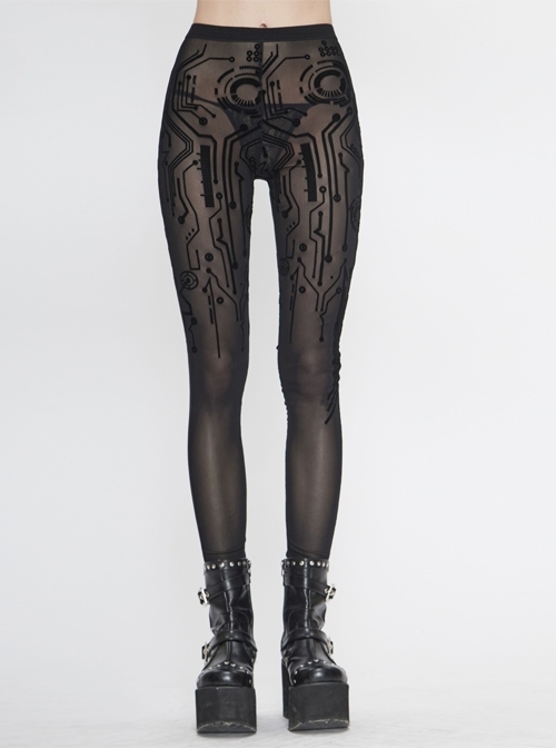 Circuit Diagram Flocking Stretch Mesh Black Tight Punk Leggings