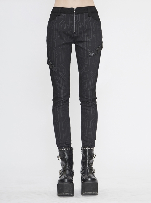 Circuit Diagram Printed Twill Side Leather Loops Luggage Buckles Black Punk Tight Pants