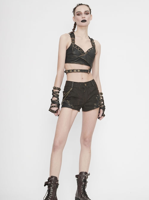 Tie-Dye Woven Splice Wiped Leather Rivet Removable Chain Brown Punk Short Pants