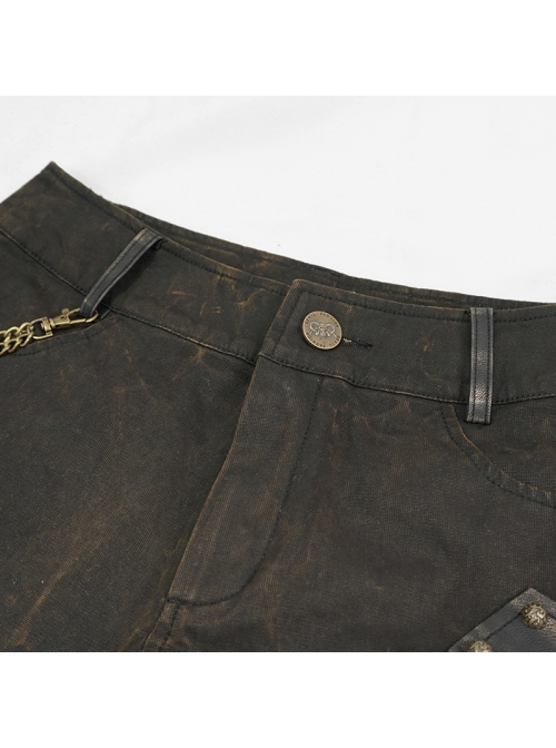 Tie-Dye Woven Splice Wiped Leather Rivet Removable Chain Brown Punk Short Pants