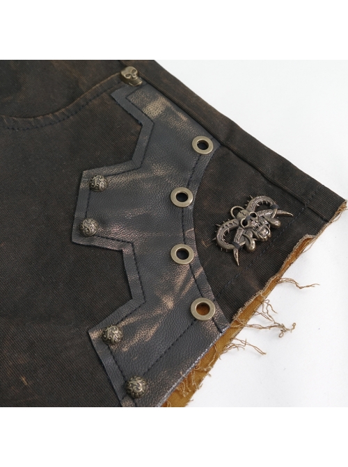 Tie-Dye Woven Splice Wiped Leather Rivet Removable Chain Brown Punk Short Pants