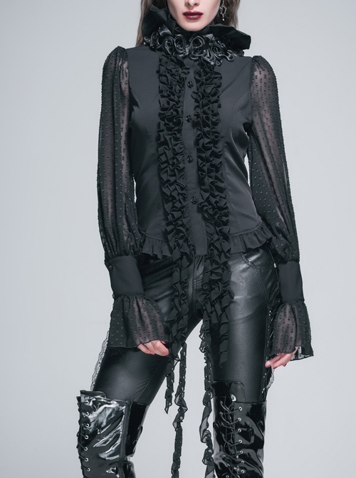 Black Chiffon Rose Bow Tie Irregular Flounces Long Sleeves Dovetail Hem Gothic Blouse