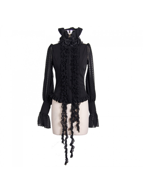 Black Chiffon Rose Bow Tie Irregular Flounces Long Sleeves Dovetail Hem Gothic Blouse