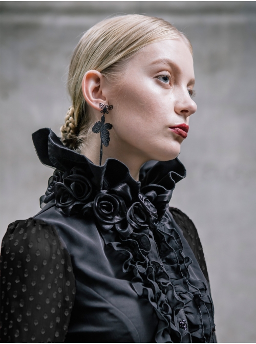 Black Chiffon Rose Bow Tie Irregular Flounces Long Sleeves Dovetail Hem Gothic Blouse
