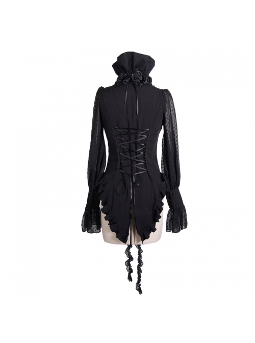 Black Chiffon Rose Bow Tie Irregular Flounces Long Sleeves Dovetail Hem Gothic Blouse