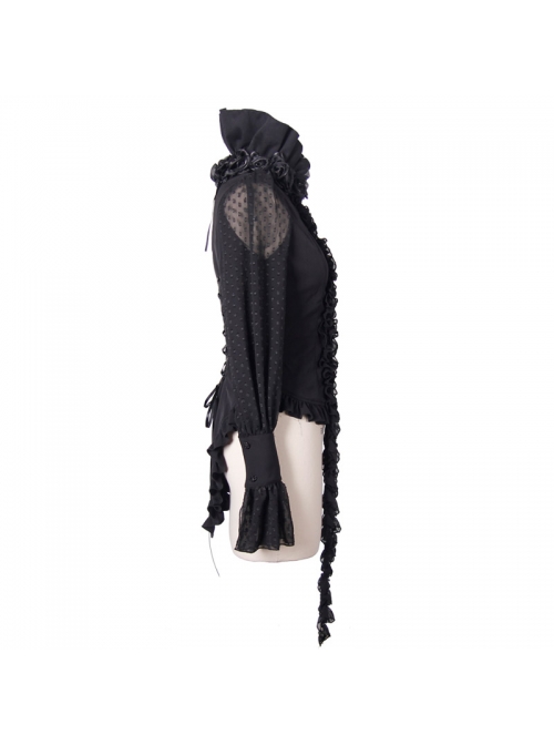Black Chiffon Rose Bow Tie Irregular Flounces Long Sleeves Dovetail Hem Gothic Blouse