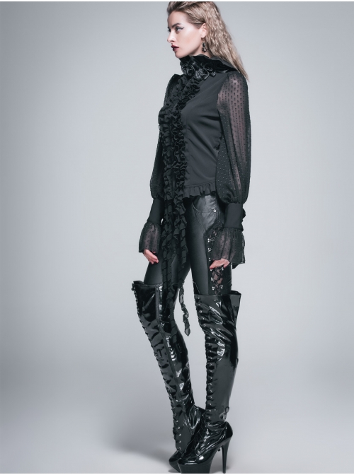 Black Chiffon Rose Bow Tie Irregular Flounces Long Sleeves Dovetail Hem Gothic Blouse