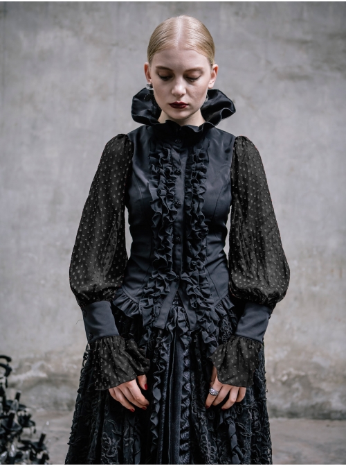 Black Chiffon Rose Bow Tie Irregular Flounces Long Sleeves Dovetail Hem Gothic Blouse