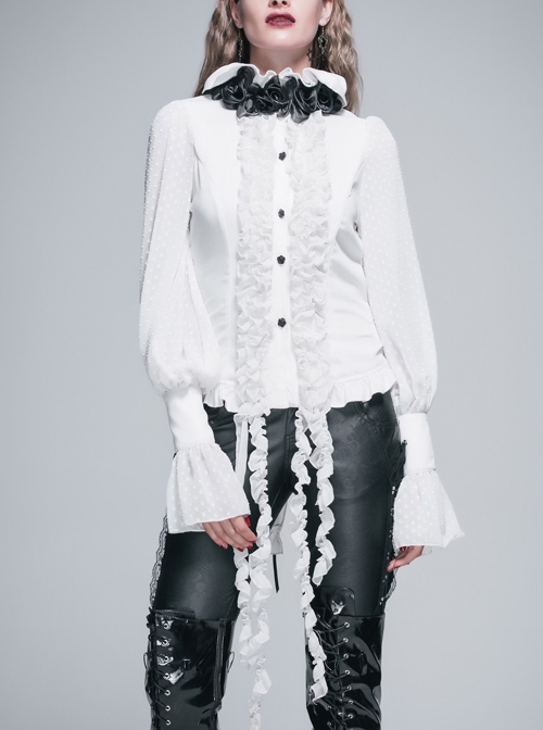 White Chiffon Rose Bow Tie Irregular Flounces Long Sleeves Dovetail Hem Gothic Blouse