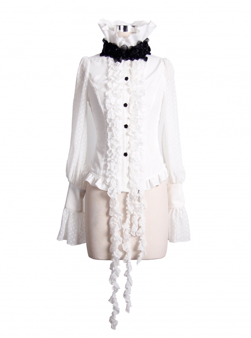 White Chiffon Rose Bow Tie Irregular Flounces Long Sleeves Dovetail Hem Gothic Blouse