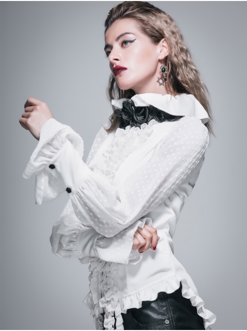 White Chiffon Rose Bow Tie Irregular Flounces Long Sleeves Dovetail Hem Gothic Blouse