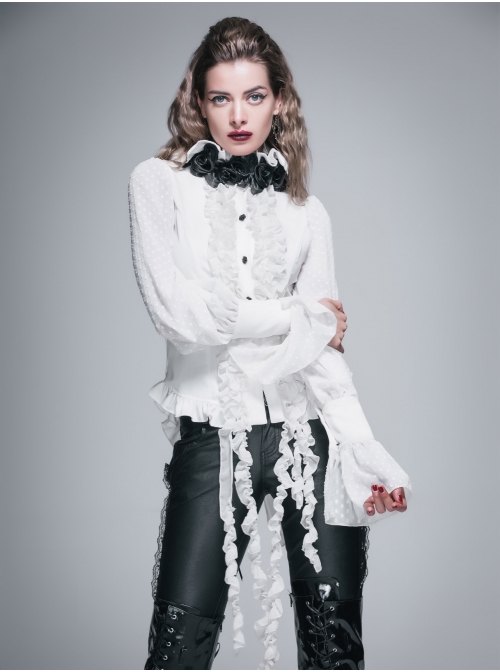 White Chiffon Rose Bow Tie Irregular Flounces Long Sleeves Dovetail Hem Gothic Blouse