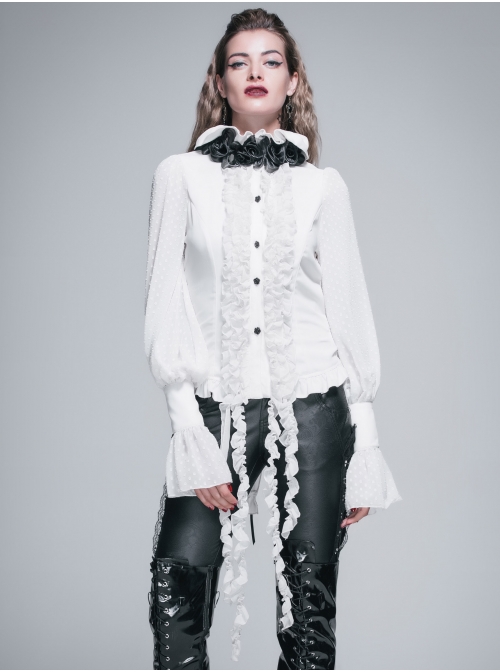 White Chiffon Rose Bow Tie Irregular Flounces Long Sleeves Dovetail Hem Gothic Blouse