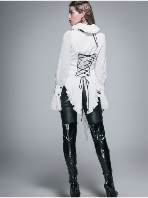 White Chiffon Rose Bow Tie Irregular Flounces Long Sleeves Dovetail Hem Gothic Blouse
