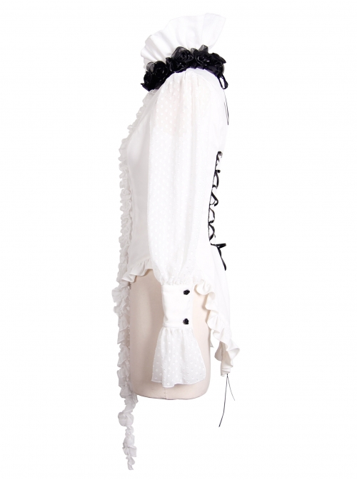 White Chiffon Rose Bow Tie Irregular Flounces Long Sleeves Dovetail Hem Gothic Blouse