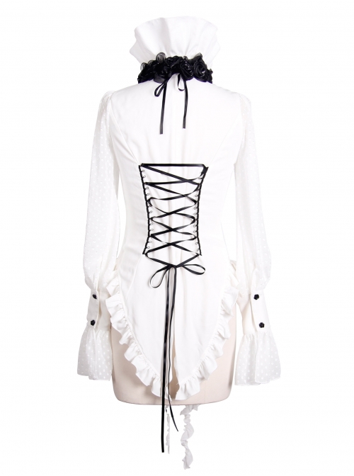 White Chiffon Rose Bow Tie Irregular Flounces Long Sleeves Dovetail Hem Gothic Blouse