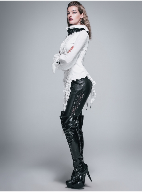White Chiffon Rose Bow Tie Irregular Flounces Long Sleeves Dovetail Hem Gothic Blouse