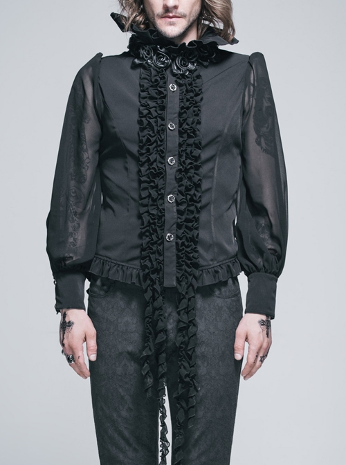 Black Chiffon Rose Bow Tie Irregular Flounces Long Sleeves Dovetail Hem Lace-Up Gothic Shirt