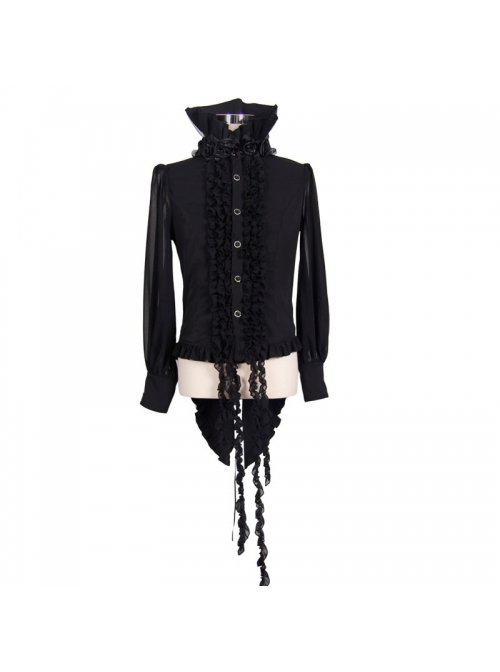Black Chiffon Rose Bow Tie Irregular Flounces Long Sleeves Dovetail Hem Lace-Up Gothic Shirt