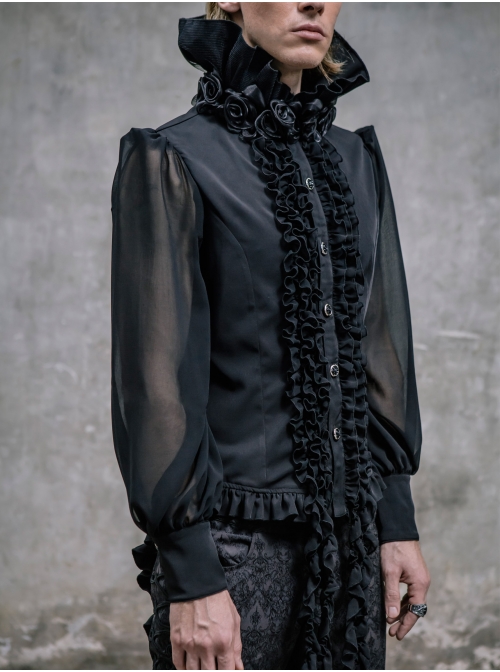 Black Chiffon Rose Bow Tie Irregular Flounces Long Sleeves Dovetail Hem Lace-Up Gothic Shirt