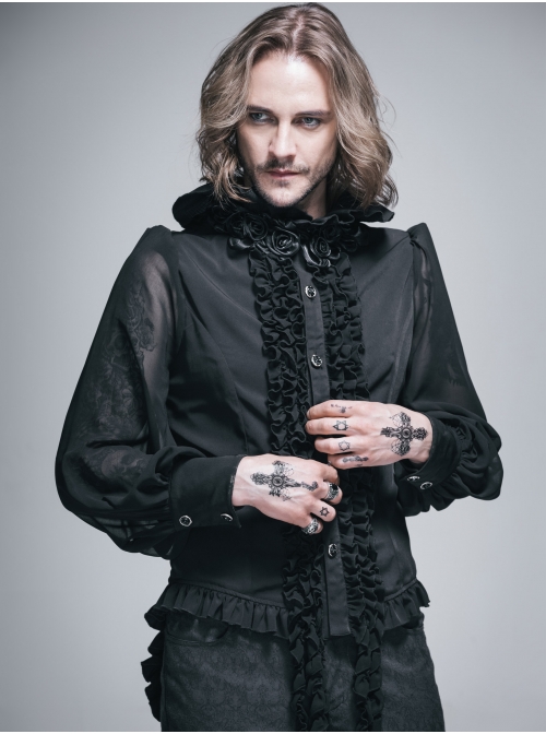 Black Chiffon Rose Bow Tie Irregular Flounces Long Sleeves Dovetail Hem Lace-Up Gothic Shirt