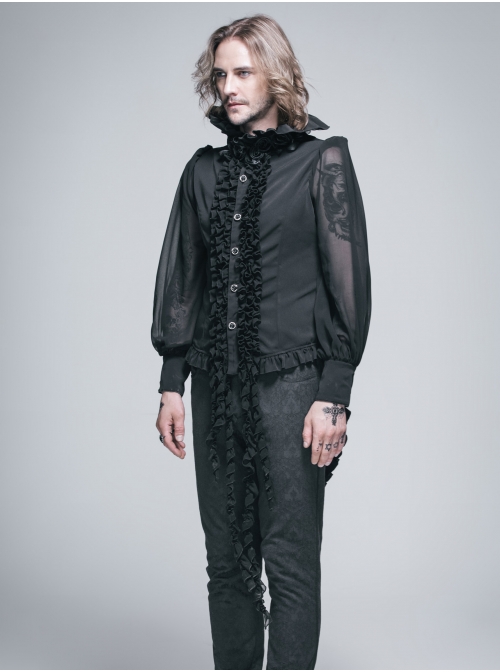 Black Chiffon Rose Bow Tie Irregular Flounces Long Sleeves Dovetail Hem Lace-Up Gothic Shirt