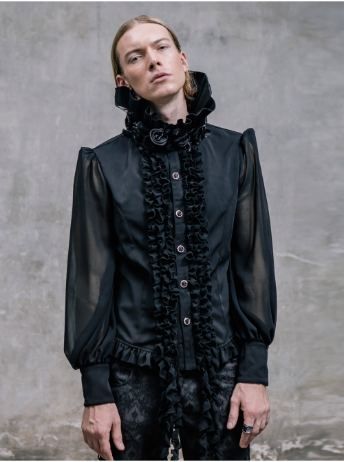 Black Chiffon Rose Bow Tie Irregular Flounces Long Sleeves Dovetail Hem Lace-Up Gothic Shirt