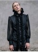 Black Chiffon Rose Bow Tie Irregular Flounces Long Sleeves Dovetail Hem Lace-Up Gothic Shirt