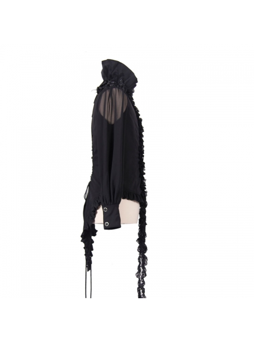 Black Chiffon Rose Bow Tie Irregular Flounces Long Sleeves Dovetail Hem Lace-Up Gothic Shirt