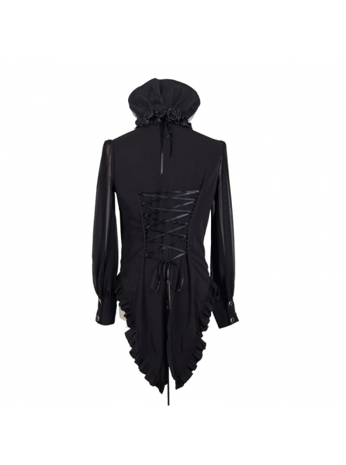 Black Chiffon Rose Bow Tie Irregular Flounces Long Sleeves Dovetail Hem Lace-Up Gothic Shirt