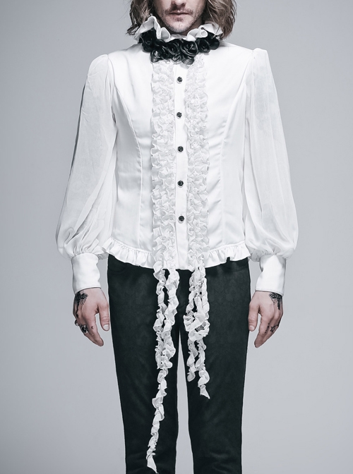 White Chiffon Rose Bow Tie Irregular Flounces Long Sleeves Dovetail Hem Lace-Up Gothic Shirt