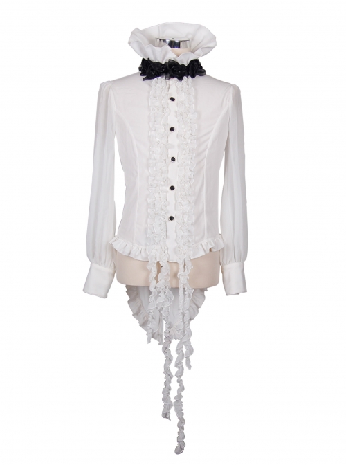 White Chiffon Rose Bow Tie Irregular Flounces Long Sleeves Dovetail Hem Lace-Up Gothic Shirt