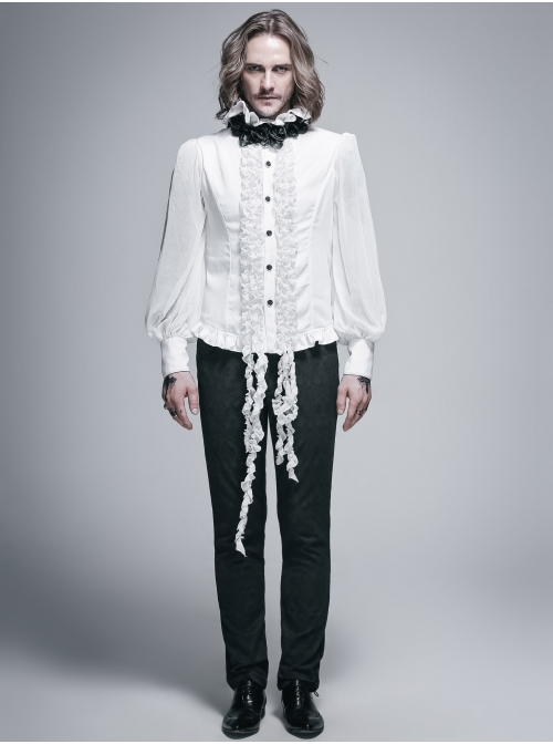 White Chiffon Rose Bow Tie Irregular Flounces Long Sleeves Dovetail Hem Lace-Up Gothic Shirt