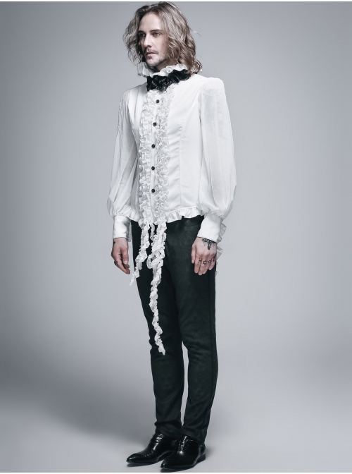 White Chiffon Rose Bow Tie Irregular Flounces Long Sleeves Dovetail Hem Lace-Up Gothic Shirt