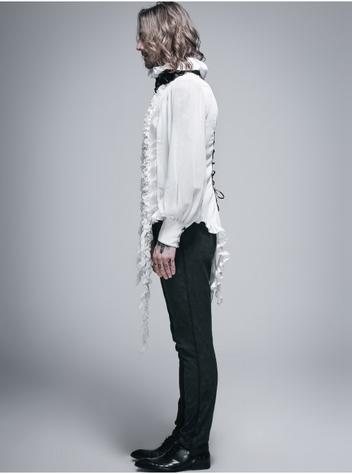 White Chiffon Rose Bow Tie Irregular Flounces Long Sleeves Dovetail Hem Lace-Up Gothic Shirt