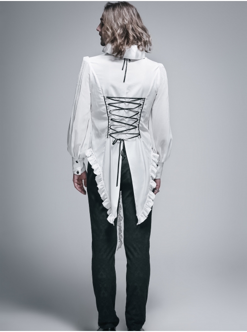 White Chiffon Rose Bow Tie Irregular Flounces Long Sleeves Dovetail Hem Lace-Up Gothic Shirt