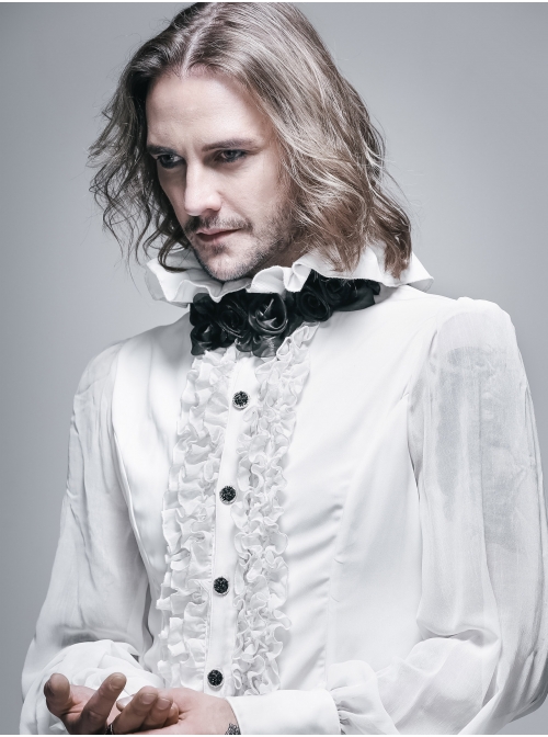 White Chiffon Rose Bow Tie Irregular Flounces Long Sleeves Dovetail Hem Lace-Up Gothic Shirt