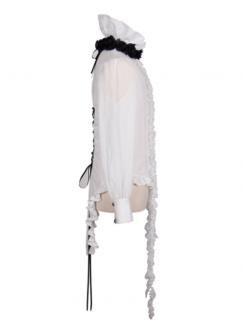 White Chiffon Rose Bow Tie Irregular Flounces Long Sleeves Dovetail Hem Lace-Up Gothic Shirt