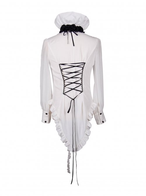 White Chiffon Rose Bow Tie Irregular Flounces Long Sleeves Dovetail Hem Lace-Up Gothic Shirt