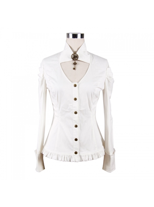 High Collar Chest Hollow Pendant Long Sleeves Button Hem Frilly White Punk Blouse