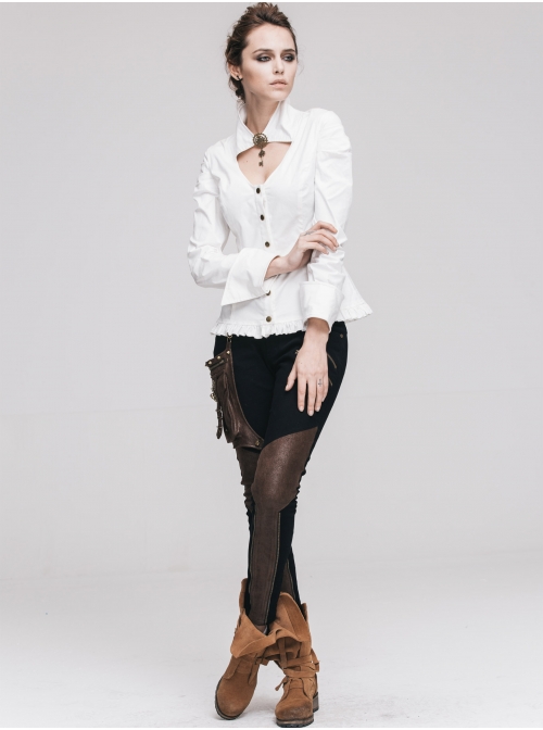 High Collar Chest Hollow Pendant Long Sleeves Button Hem Frilly White Punk Blouse