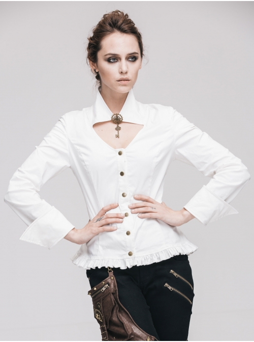 High Collar Chest Hollow Pendant Long Sleeves Button Hem Frilly White Punk Blouse