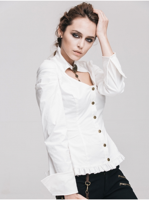 High Collar Chest Hollow Pendant Long Sleeves Button Hem Frilly White Punk Blouse